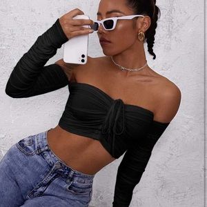 Off Shoulder Ruched Drawstring Long Sleeve Crop